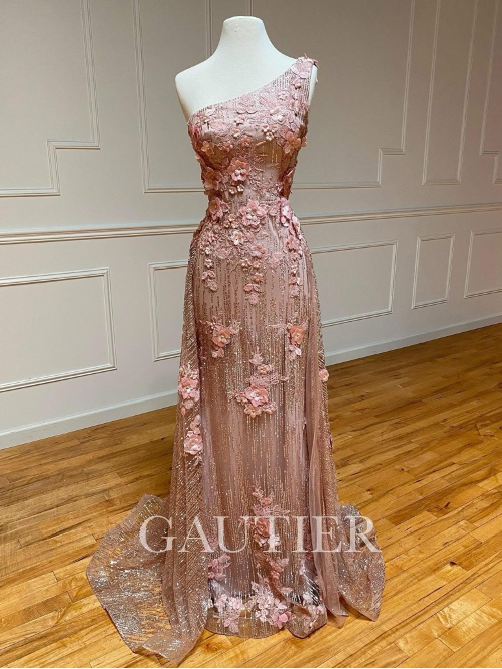 One-Shoulder Pink Floral Embellished Evening Gown
